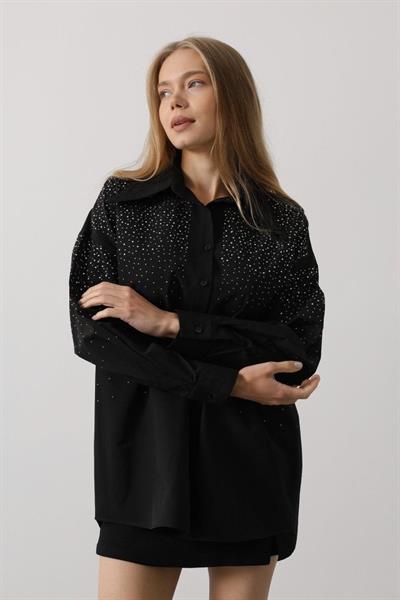 Taşlı Sivri Yaka Gömlek - Siyah