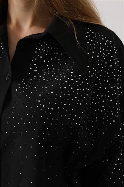Taşlı Sivri Yaka Gömlek - Siyah