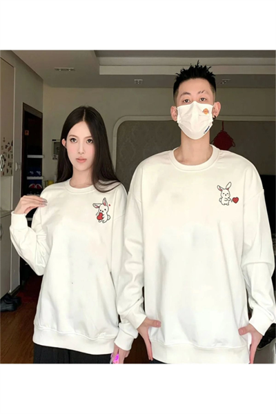Tavşan Baskılı Sevgili Çift Kombini Kapüşonlu Sweatshirt - Hodie - Beyaz