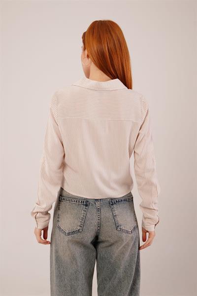 Tek Cep Çizgili Bej Kısa Gömlek