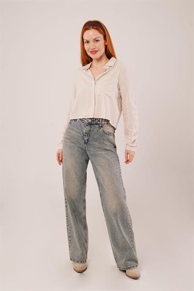 Tek Cep Çizgili Bej Kısa Gömlek