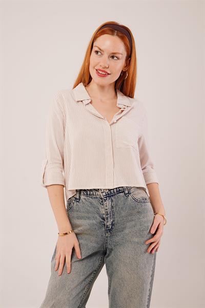 Tek Cep Çizgili Bej Kısa Gömlek