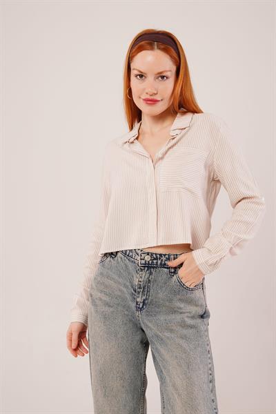 Tek Cep Çizgili Bej Kısa Gömlek