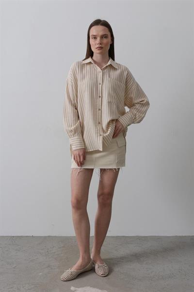 Tek Cep Çizgili Gömlek - Bej-Taba