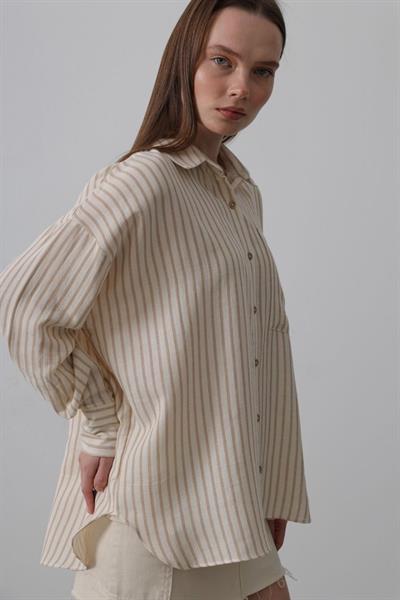 Tek Cep Çizgili Gömlek - Bej-Taba