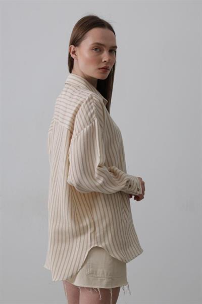 Tek Cep Çizgili Gömlek - Bej-Taba