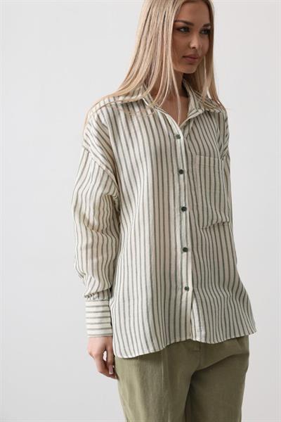 Tek Cep Çizgili Gömlek - Haki