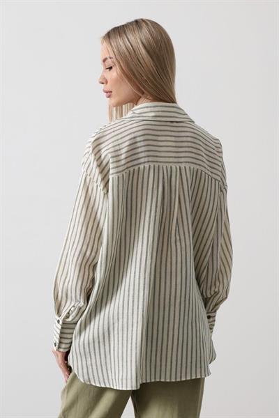 Tek Cep Çizgili Gömlek - Haki