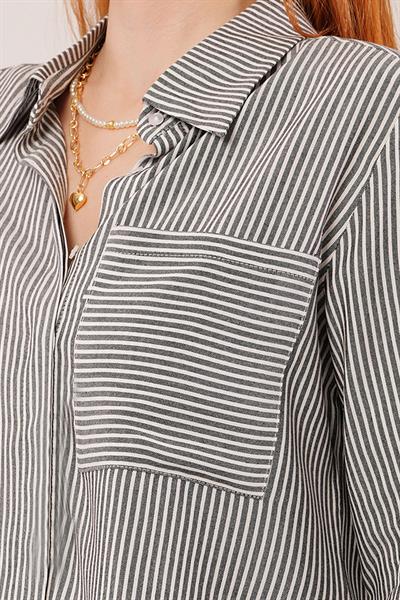Tek Cep Çizgili Siyah Kısa Gömlek