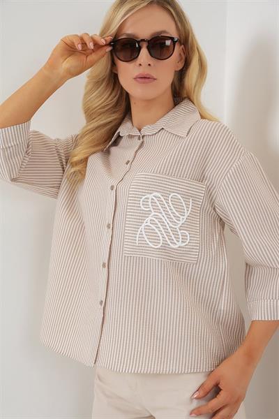 Tek Cep Nakışlı Gömlek 20328 - Bej