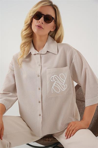 Tek Cep Nakışlı Gömlek 20328 - Bej