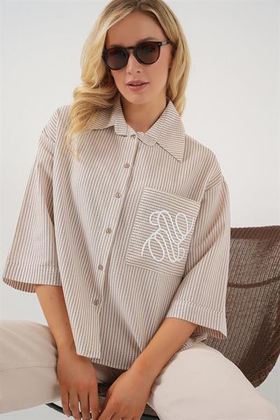 Tek Cep Nakışlı Gömlek 20328 - Bej