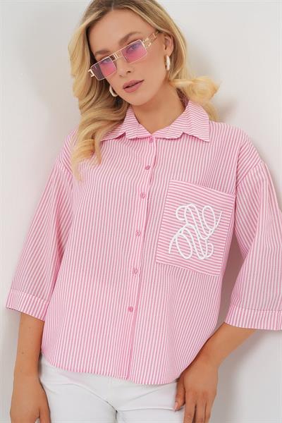 Tek Cep Nakışlı Gömlek 20328 - Pembe