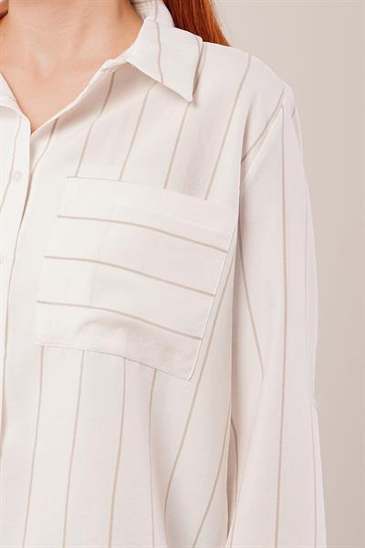 Tek Cepli Bej Çizgili Gömlek