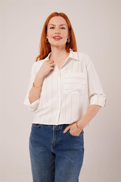 Tek Cepli Bej Çizgili Gömlek