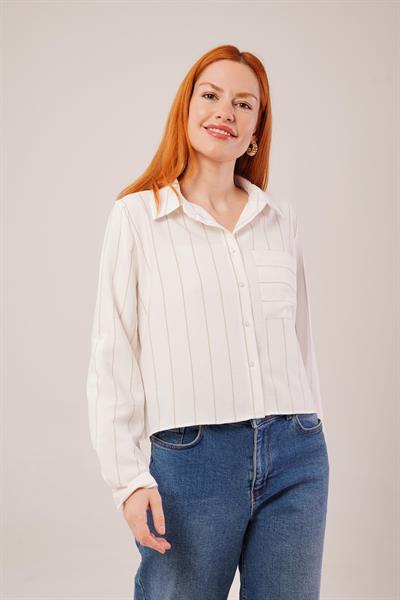 Tek Cepli Bej Çizgili Gömlek