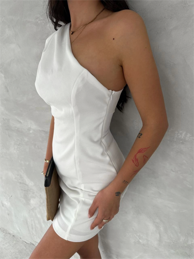 Tek Omuzlu Kolsuz Mini Boy Elbise - Beyaz