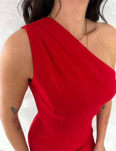 Tek Omuzlu Kolsuz Mini Boy Elbise - Kırmızı