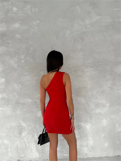 Tek Omuzlu Kolsuz Mini Boy Elbise - Kırmızı