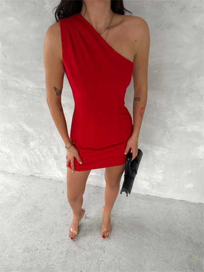 Tek Omuzlu Kolsuz Mini Boy Elbise - Kırmızı