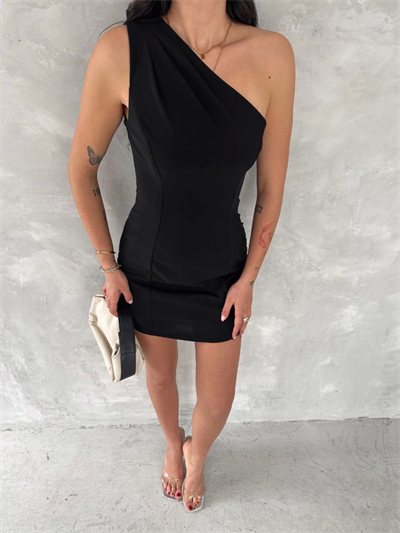 Tek Omuzlu Kolsuz Mini Boy Elbise - Siyah