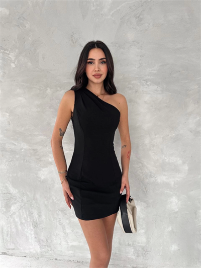 Tek Omuzlu Kolsuz Mini Boy Elbise - Siyah