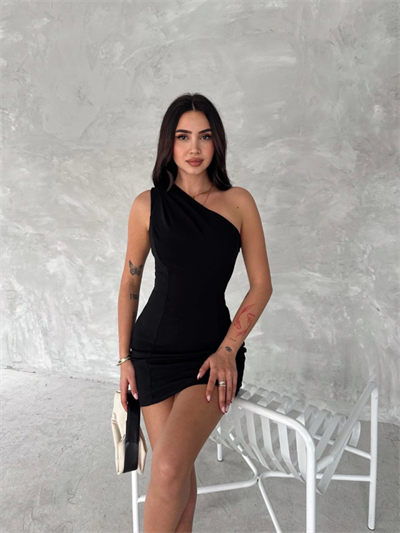 Tek Omuzlu Kolsuz Mini Boy Elbise - Siyah