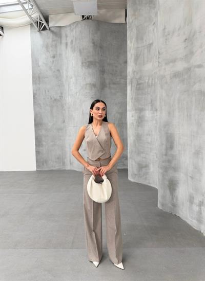 Toskana Çi̇zgi̇li̇ Kruvaze Yaka Tek Düğmeli̇ Yelek Pantolon Takim