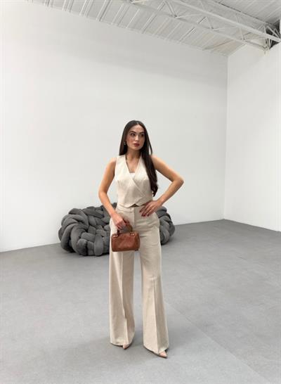 Toskana Keten Kruvaze Yaka Tek Düğmeli̇ Yelek Pantolon Takim