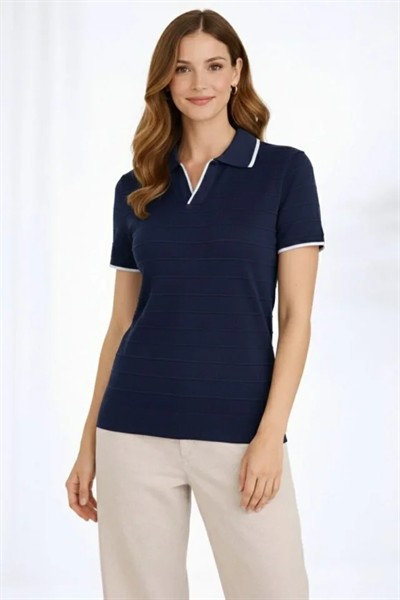 Triko Kumaş Yakalı Düğmesiz Açık Yaka Fitilli Kısa Kollu Regular Fit Tişört T-shirt - Lacivert