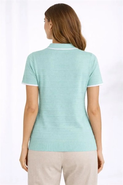 Triko Kumaş Yakalı Düğmesiz Açık Yaka Fitilli Kısa Kollu Regular Fit Tişört T-shirt - Mint Yeşili