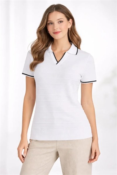 Triko Kumaş Yakalı Düğmesiz Açık Yaka Fitilli Kısa Kollu Regular Fit Tişört T-shirt - Beyaz