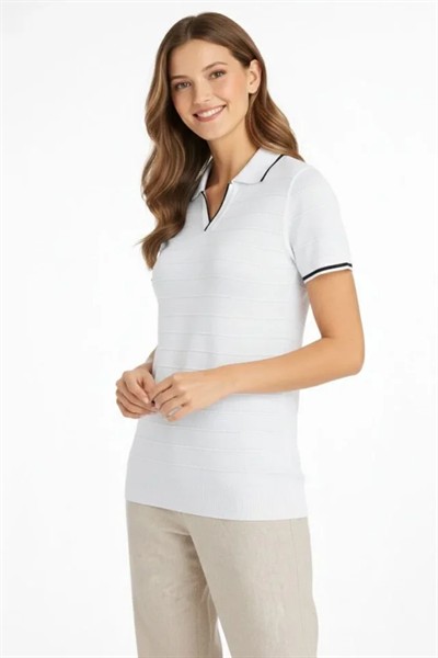 Triko Kumaş Yakalı Düğmesiz Açık Yaka Fitilli Kısa Kollu Regular Fit Tişört T-shirt - Beyaz