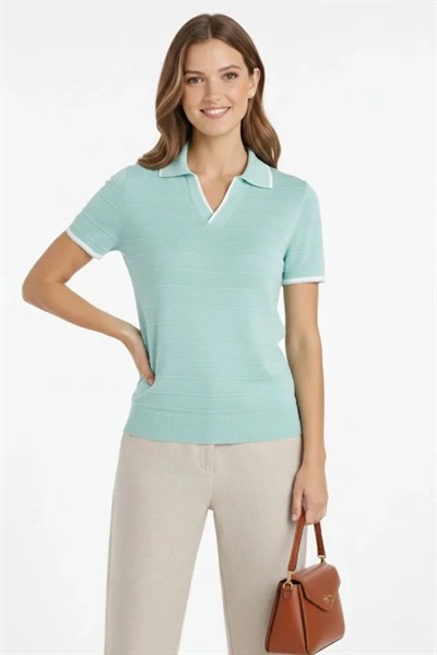 Triko Kumaş Yakalı Düğmesiz Açık Yaka Fitilli Kısa Kollu Regular Fit Tişört T-shirt - Mint Yeşili