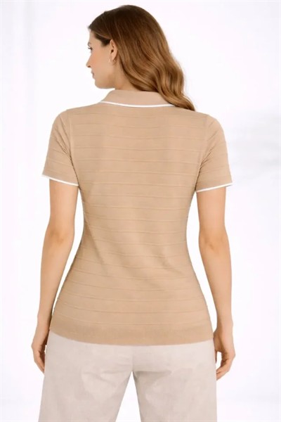 Triko Kumaş Yakalı Düğmesiz Açık Yaka Fitilli Kısa Kollu Regular Fit Tişört T-shirt - Bej