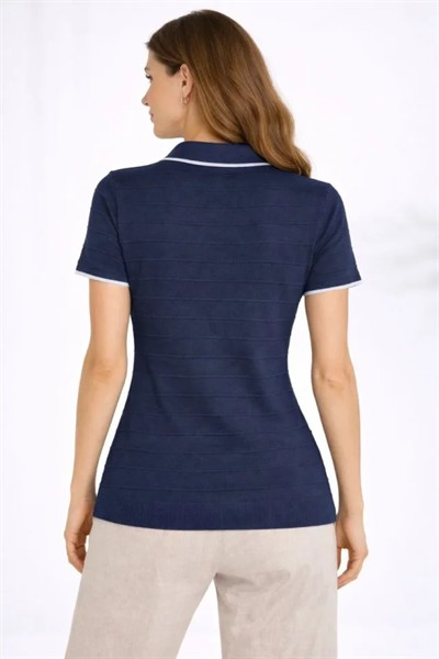 Triko Kumaş Yakalı Düğmesiz Açık Yaka Fitilli Kısa Kollu Regular Fit Tişört T-shirt - Lacivert