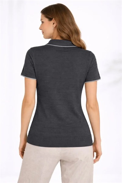 Triko Kumaş Yakalı Düğmesiz Açık Yaka Fitilli Kısa Kollu Regular Fit Tişört T-shirt - Siyah