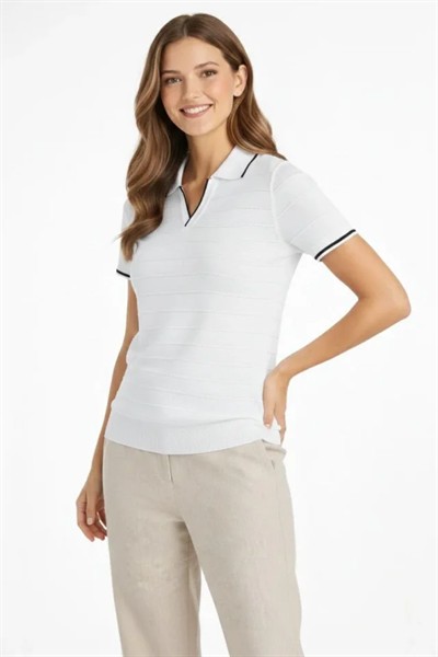 Triko Kumaş Yakalı Düğmesiz Açık Yaka Fitilli Kısa Kollu Regular Fit Tişört T-shirt - Beyaz