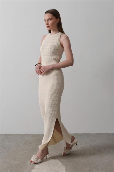 Triko Yırtmaçlı Etek - Ekru