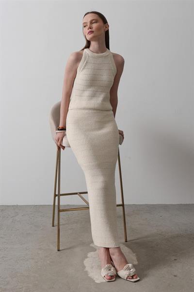 Triko Yırtmaçlı Etek - Ekru