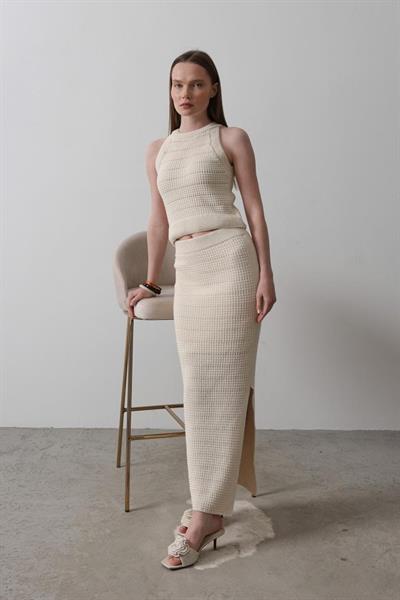 Triko Yırtmaçlı Etek - Ekru