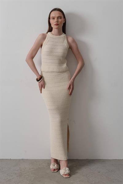 Triko Yırtmaçlı Etek - Ekru