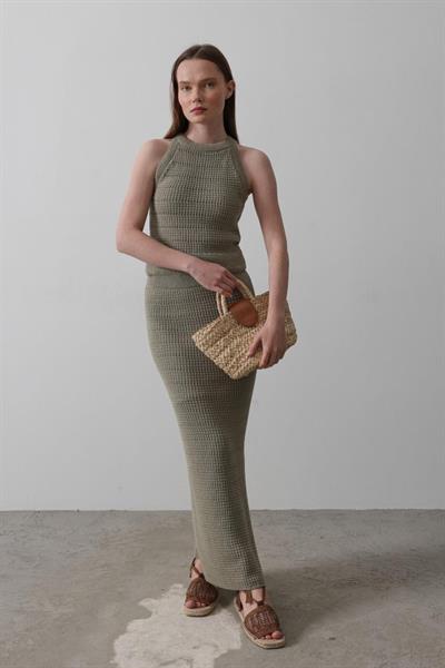 Triko Yırtmaçlı Etek - Yeşil