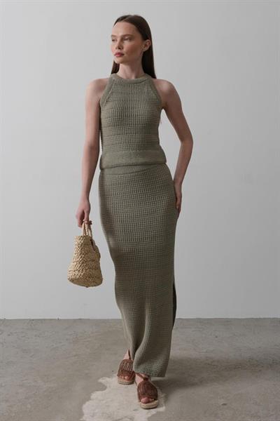 Triko Yırtmaçlı Etek - Yeşil