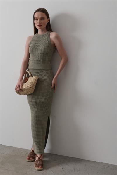 Triko Yırtmaçlı Etek - Yeşil