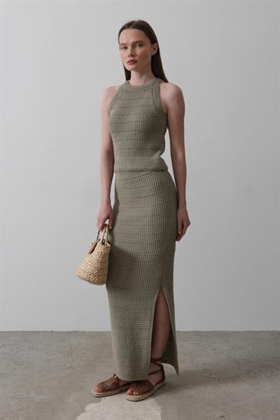 Triko Yırtmaçlı Etek - Yeşil