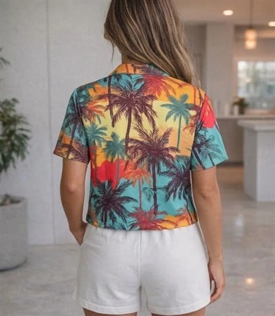 Tropikal Palmiye Desenli Kısa Kol Gömlek Şort Takım Yazlık Rahat Kalıp - Desenli
