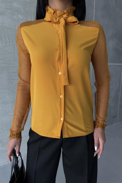 Tül Detay Yaka Bağlamali Gömlek