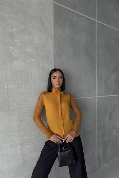 Tül Detay Yaka Bağlamali Gömlek