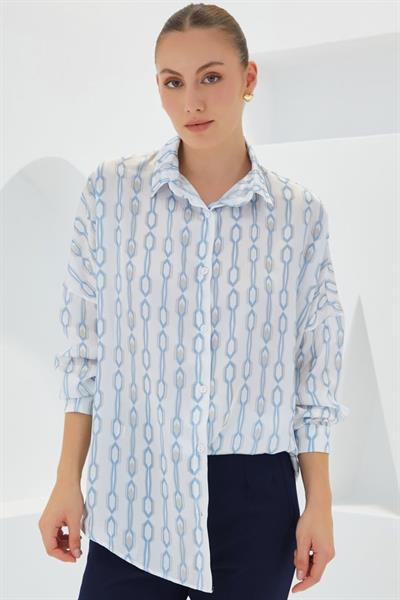 Turkuaz Beyaz Desenli Oversize Saten Gömlek 3985